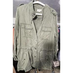 LOFT Womens Olive Green Utility Jacket Snap Close Drawstring Size LTall